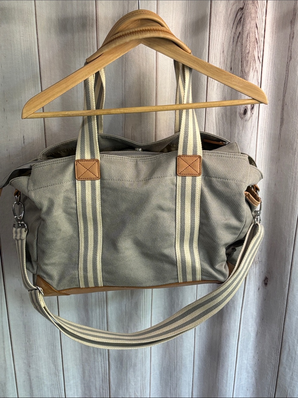 Pottery Barn Kids Classic Gray Stripe Diaper Bag Leather Trim